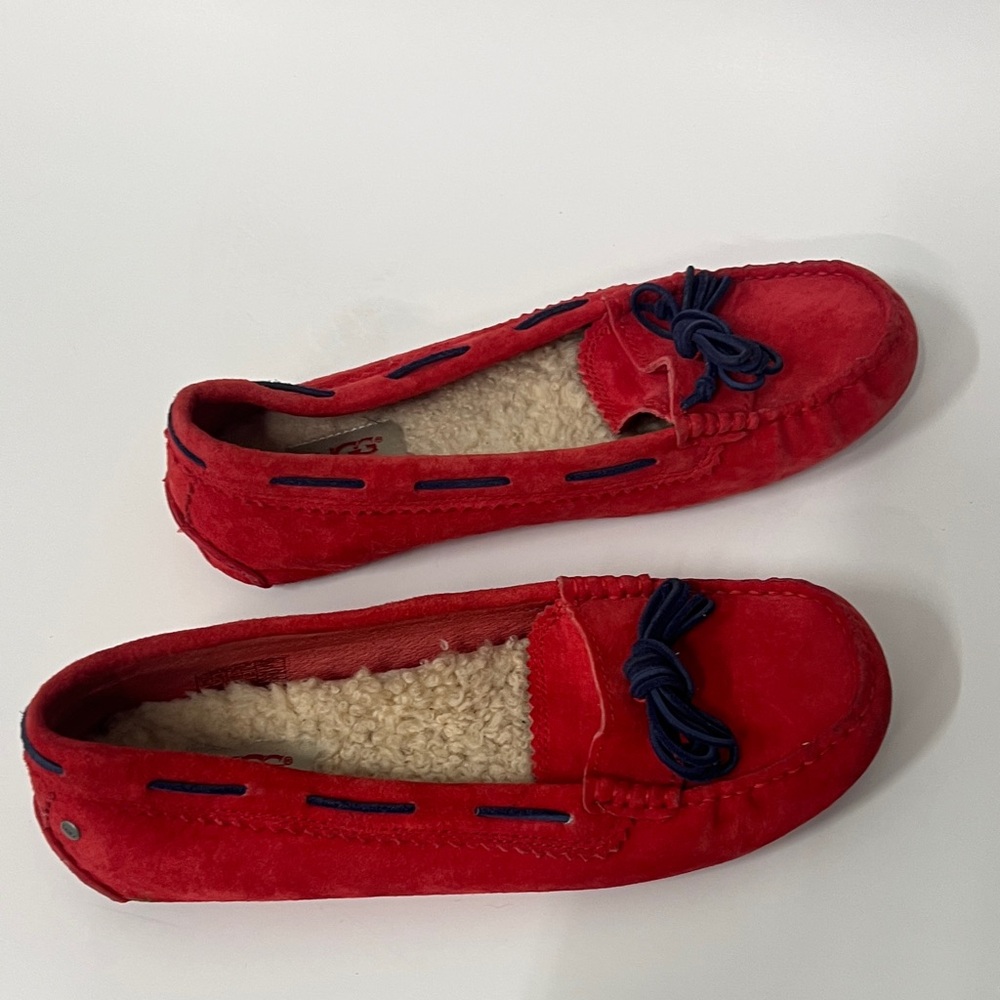 UGG Meena Women's Red Suede Shoes Moccasins Flats Navy Lace Slippers Driving - Picture 8 of 12